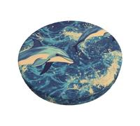 Two Dolphins On The Sea Surface Print Round Bar Chair Cushion Cover Stool Slipcover, Soft Bar Stool Seat Cover For Home Kitchen Dining Cafe Office 14 Inch