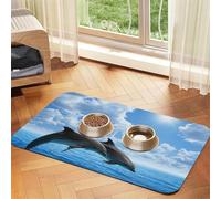 Two Dolphins Patterned Pet Feeding Mat with Water-Absorbing PU Top & Rubber Base - Anti-Slip Dog Cat Food Mat for Cats, Dogs & Pets, 40x60cm