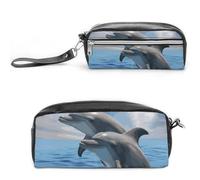 Two Dolphins Pencil Case Large Capacity Leather Pencil Pouch with Zipper, Portable Small Makeup Bag, Office Supplies Organizer for Women Men