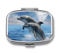 Two Dolphins Pill Box 2 Compartment, Portable Pill Case with Mirror for Pocket Purse Travel, Mini Metal Medicine Organizer for Vitamins Fish Oil