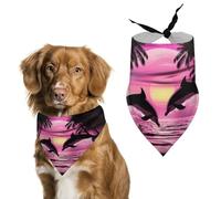Two Dolphins Sunset Palms Cute Dog Bandanna Scarf Printed Adjustable Triangle Pet Kerchief for Dogs And Cats
