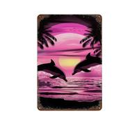 Two Dolphins Sunset Palms Funny Metal Tin Sign Vintage Iron Hanging Plate Wall Art with Rusty for Home Garage Bar Decor