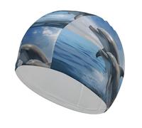 Two Dolphins Swim Cap for Adult, Elastic Fabric Swimming Cap, Comfortable Bathing Cap for Long & Short Hair