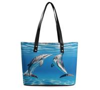 Two Dolphins Tote Bag Large Soft Leather Purse with Zipper Lightweight Ladies Shoulder Handbag