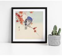 Two Doves On Autumn Branch, OHARA KOSON Stunning Framed Wall Art Picture Print Square - 25cm wide x 25cm high - Black Frame