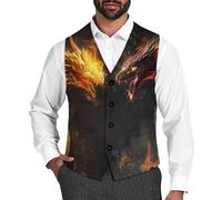 Two Dragon Heads in Fire Men's Vest V-neck Suit Waistcoats Wedding Tuxedo Vests XL