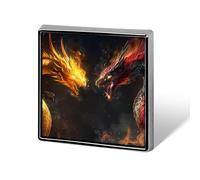 Two Dragon Heads in Fire Square Badge Funny Button Pins Brooch