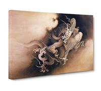 Two Dragons In The Clouds By Kano Hogai Asian Japanese Canvas Wall Art Print Ready to Hang, Framed Picture for Living Room Bedroom Home Office Décor, 20x14 Inch (50x35 cm)