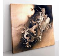 Two Dragons in the Clouds by Kano Hogai Asian Japanese Canvas Wall Art Print Ready to Hang, Framed Picture for Living Room Bedroom Home Office Décor, 35x35 cm (14x14 Inch)