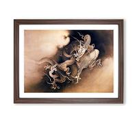 Two Dragons In The Clouds By Kano Hogai Asian Japanese Framed Print | A4 Walnut Framed Wall Art | Ready to Hang | Asian Landscape Picture | Living Room Bedroom Lounge Office