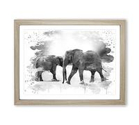 Two Elephants Vol.2 V4 Modern Framed Print | A3 Oak Framed Wall Art | Ready to Hang | Modern Animal Picture | Living Room Bedroom Lounge Office