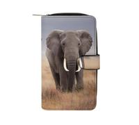 Two Elephants Walk Leather Wallets Zipper 12 Card Slots Pouch