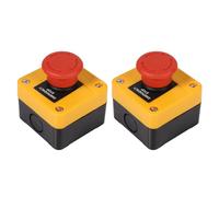 Two emergency stop switches, heavy duty pushbuttons, 1 NO 1 NC contact, with housing, compact and sensitive, suitable for industrial machinery safety