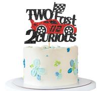 Two Fast 2 Curious Cake Topper - Race Car Checkered Flag Cake Supplies - Racing Car 2nd Birthday Party - Sport Party Decorations - Black Red Glitter