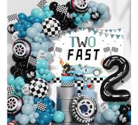 Two Fast 2 Fast Too Curious 2nd Birthday Part Decorations Kit for Boys Girls With Backdrop, Cake Topper, Balloons