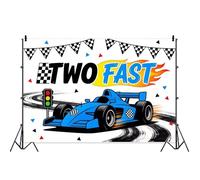 Two Fast Backdrop Blue Racing Car Black White Checkered Flag 2nd Birthday Photo Backdrop for Boys Vintage Retro Car Birthday Party Decorations Photo Booth Props Vinyl 10x8ft