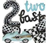 Two Fast Birthday Decorations 40 Inch Checkered Racetrack Number Balloons 2 Black Two Fast Letter Banner Balloon 2nd Racing Vintage Race Car Racing Theme Birthday Party Decor Set Black Blue 9 Pcs Kit