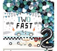 Two Fast Birthday Decorations Boy Vintage - Race Car Balloon Garland Kit with Two Fast Backdrop, Race Car Flags, 2 Foil Number Balloon for Retro Let's Go Racing 2nd Birthday Party Supplies