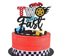 Two Fast Birthday Decorations, Car Cake Toppers, Car Cake Decorations- HSC 1pc Racing Car Theme Cake Topper with Extra Cars Designs, 16x14cm for 2nd Birthday (Black/Blue/Red/Yellow)