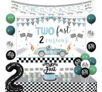 Two Fast Boy's Vintage Racing Car 2nd Birthday Decorations Balloons, Backdrop, Cake Toppers, Tablecloths, Number 2 Foil Balloon