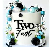 Two Fast Cake Topper - Black Acrylic Race Car Theme 2nd Birthday Party Cake Decoration, Second Birthday Cake Charm Supplies for Boy or Girl, Photo Booth Props