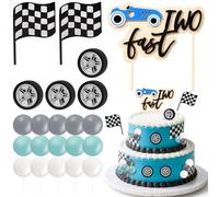 Two Fast Race Car Cake Toppers Set, Racing Car Birthday Party Decorations with Checkered Flags, Wheels & Balloons, Birthday Cake Topper for Racing Themed Party Supplies