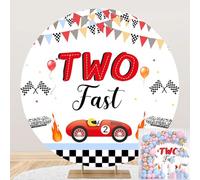 Two Fast Round Backdrop Cover Racing Car 2nd Birthday Circle Background Happy Birthday Party Decorations for Kids Boys Child Cake Table Banner Photo Booth Props 7.2x7.2ft