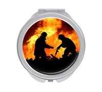 Two Firemen Silhouette Fighting a Fire of Burning Timber Folding Make Up Mirror, Compact 2X/1X Magnification Mirror, Women Portable Travel Makeup Mirror 2.4 x 2.4 inch