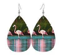 Two flamingos Printed Dangle Leather Earrings, Reversible Statement Jewelry with Silver Plated Hooks
