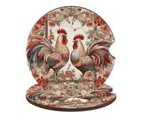 Two Flower Roosters Car Cup Holder Coasters 2-Pack Absorbent Wood & Cork Coasters for Car Cup Holders, Festive Car Accessories for Women & Men