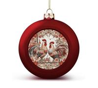 Two Flower Roosters Christmas Ball Ornaments - Red Shatterproof Plastic Vintage Rustic Xmas Tree Decorations Pendant for Family Holiday Wedding Party Xmas Hanging Decoration