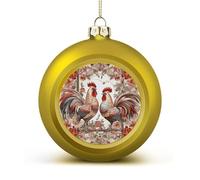 Two Flower Roosters Christmas Ball Ornaments - Shatterproof Plastic Vintage Rustic Xmas Tree Decorations Pendant for Family Holiday Wedding Party Xmas Hanging Decoration