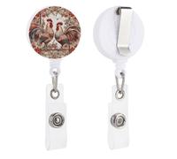 Two Flower Roosters Retractable Badge Reel - Personalized ID Name Badge Holder with Lanyard Cute Badges Reel Holder Round Nurse Doctor Name Tag Badges Clip for Work