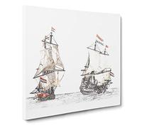 Two French Sailing Ships by Johan Teyler Canvas Print | Gallery Wrapped 30mm Frame Wall Art | 14x14 inches | Ready to Hang | French Seascape Picture | Living Room Bedroom Lounge Office