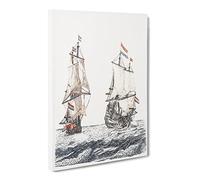 Two French Sailing Ships By Johan Teyler Canvas Print | Gallery Wrapped 30mm Frame Wall Art | 20x14 inches | Ready to Hang | Coastal Seascape Picture | Living Room Bedroom Lounge Office