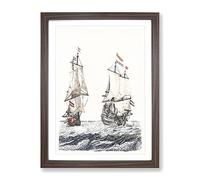 Two French Sailing Ships By Johan Teyler Vintage Framed Print | A4 Walnut Framed Wall Art | Ready to Hang | French Nature Picture | Living Room Bedroom Lounge Office