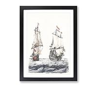 Two French Sailing Ships By Johan Teyler Vintage Framed Wall Art Print, Ready to Hang Picture for Living Room Bedroom Home Office Décor, Black A4 (34 x 25 cm)