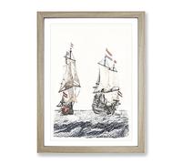 Two French Sailing Ships By Johan Teyler Vintage Framed Wall Art Print, Ready to Hang Picture for Living Room Bedroom Home Office Décor, Oak A4 (34 x 25 cm)