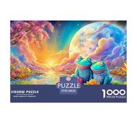 Two Frogs in Patterned Clothes Sit on Lily Pads Under A Big Moon 1000-Piece Jigsaw Puzzle Fantasy Colorful Frogs - Family Puzzle Game for All Ages 38x26cm/1000pcs
