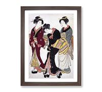 Two Geishas And A Maid By Kitao Shigemasa Asian Japanese Framed Wall Art Print, Ready to Hang Picture for Living Room Bedroom Home Office Décor, Walnut A4 (34 x 25 cm)