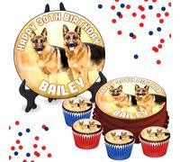 Two German Shepherds PERSONALISED Edible Cupcake Toppers / 8" Inch Cake Wafer or Icing - Adults & Kids Birthday Party Decorations - Perfect for Brownies, Cookies, Muffins & More!
