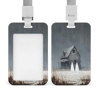 Two Ghosts Abandoned House Foggy ID Badge Holder Retractable Clip Card Holder Card Protector Name Badge Name Tag for Work Office Doctor Nurse