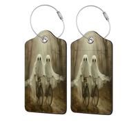 Two Ghosts Riding Bicycle Misty Forest Path Luggage Tag for Suitcase 2 Pack Leather Luggage Tag with Privacy Flap Name Id Label and Metal Loop for Women Men Travel