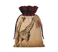 (Two Giraffe Running On The Barren) Christmas Drawstring Gift Bags, Reusable Buffalo Plaid Drawstring Wrapping Bags For Xmas Party Supplies M