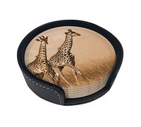 Two Giraffe Running On The Barren Coasters For Drinks, 6 Pcs Leather Coaster With Holder, Round Cup Mat Pad Set For Home And Kitchen 3.9 Inches