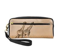 Two Giraffe Running On The Barren Double-Sided Printed Leather Portable Makeup Pouch-Multi-Purpose Cosmetic Bag, Pencil Case and Organizer for Women