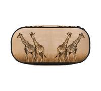 Two Giraffe Running On The Barren Double Zipper Pencil Case Makeup Bag,Large Capacity Crush-Resistant Polyester Organizer With 4 Pen Slots And Mesh Pocket For School Office Travel (Full Print Design)