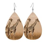 Two Giraffe Running On The Barren Leather Earring For Women Teardrop Dangle Printed Fashion Accessories Daily Wear Party