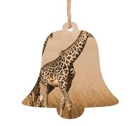 Two Giraffe Running on The Barren Printed Bell Shape Xmas Ornaments 1 Pcs, Christmas wooden pendant Hanging for Xmas Tree Home Indoor Outdoor Decor
