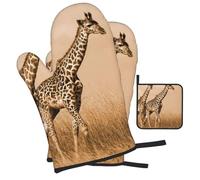 Two Giraffe Running on The Barren Printed Oven Mitts and Pot Holders Heat Resistant Set of 3 Pcs, Modern Kitchen Gloves & Potholders for Cooking Baking Grilling